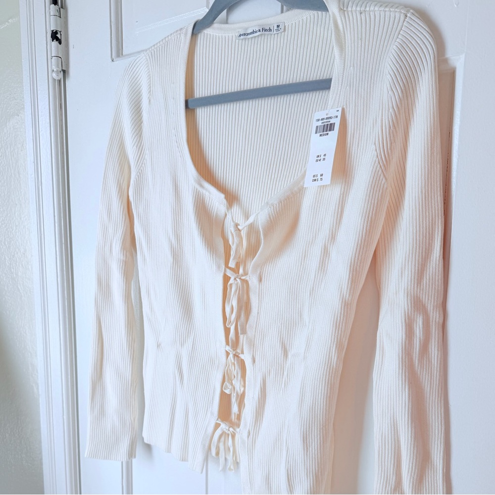 Abercrombie & Fitch Cream Ribbed Tie-Front Long Sleeve Cardigan - Picture 3 of 5